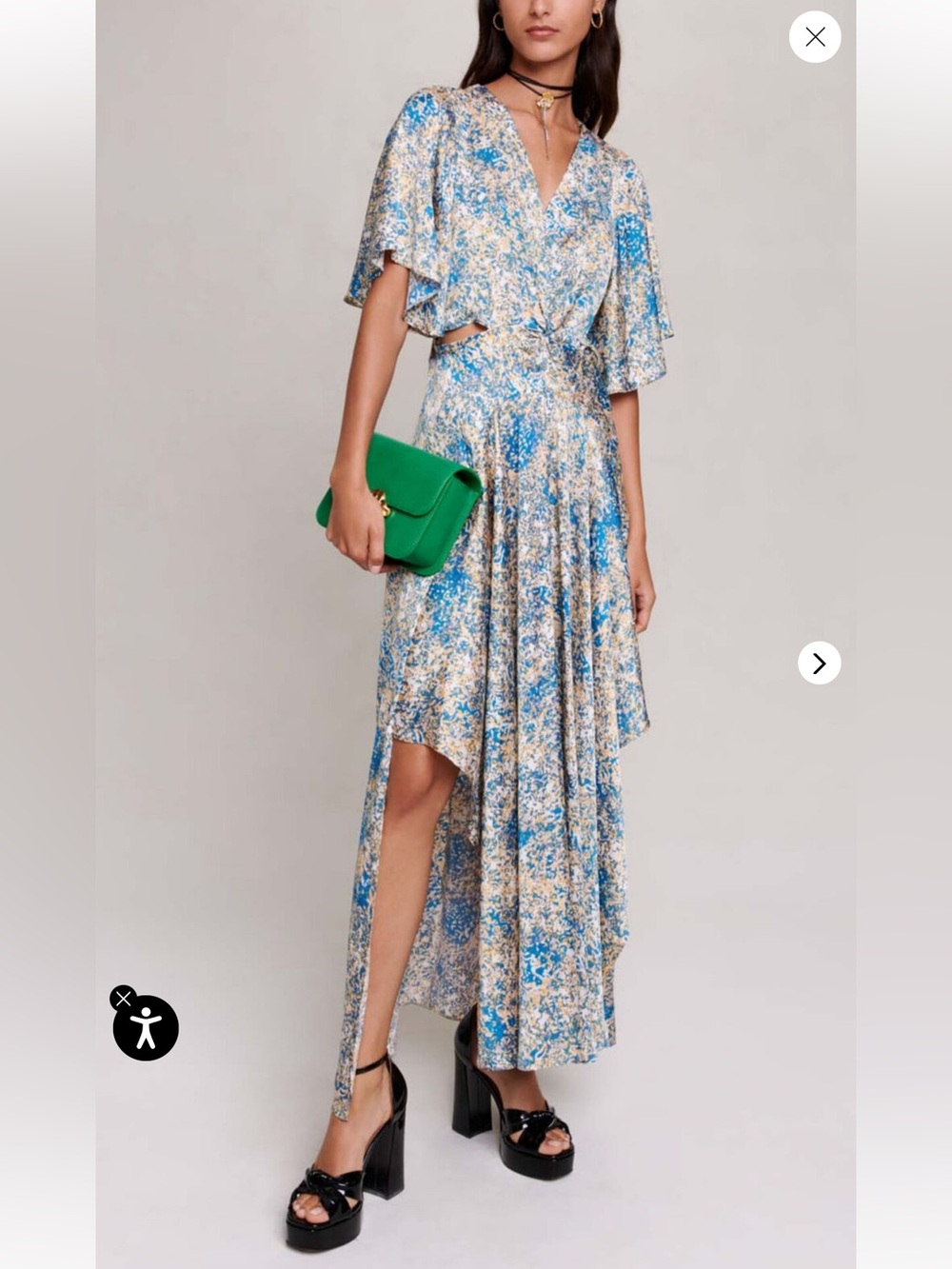 Maje Blue and Cream Floral High-Low Wrap Dress